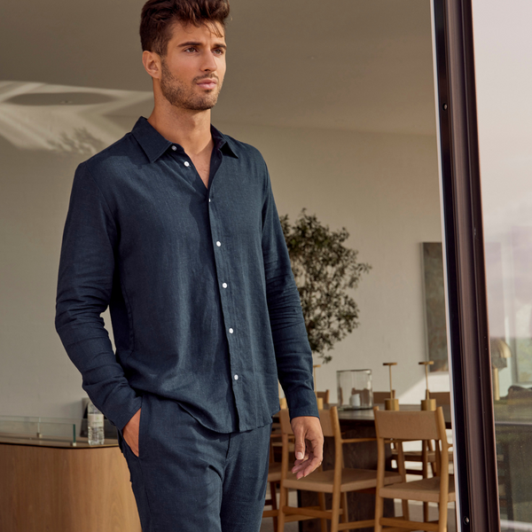 Marinblå byxor i bambu och linne