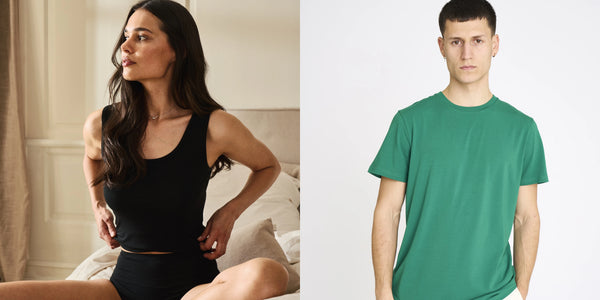 Kvinna i svart bambulinne och man i grön bambu-t-shirt – Black Month