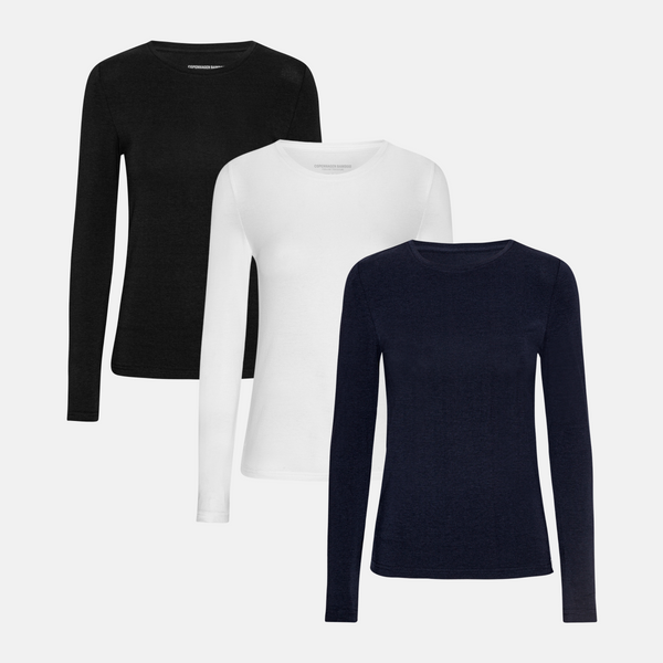 3-pack bambu långärmad t-shirt svart/vit/marinblå